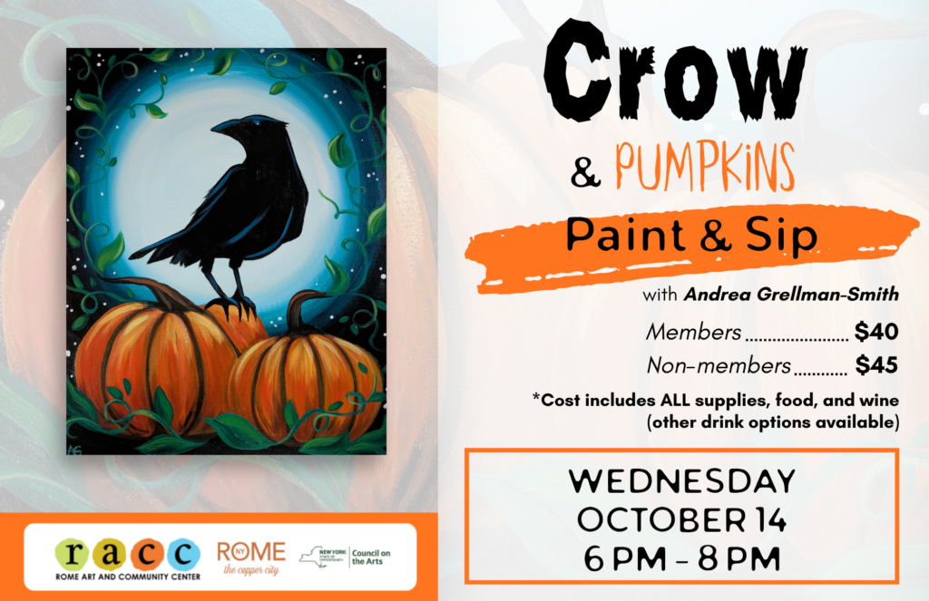 a digital flyer advertising a paint and sip event at the rome art and community center featuring a portrait of a crow sitting on two pumpkins